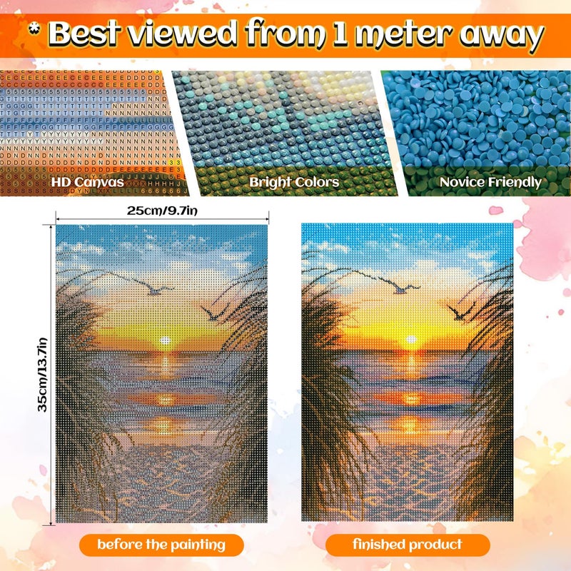 NPCSWXQ Sunset on The Beach Diamond Art Kits for Adults, Seaside Reeds 5D Diamond Dots Kits for Adults Beginners, DIY Full Drill Paint Art Kits for Home Wall Bedroom or Office Decor Gift 12x16Inch - Image 2