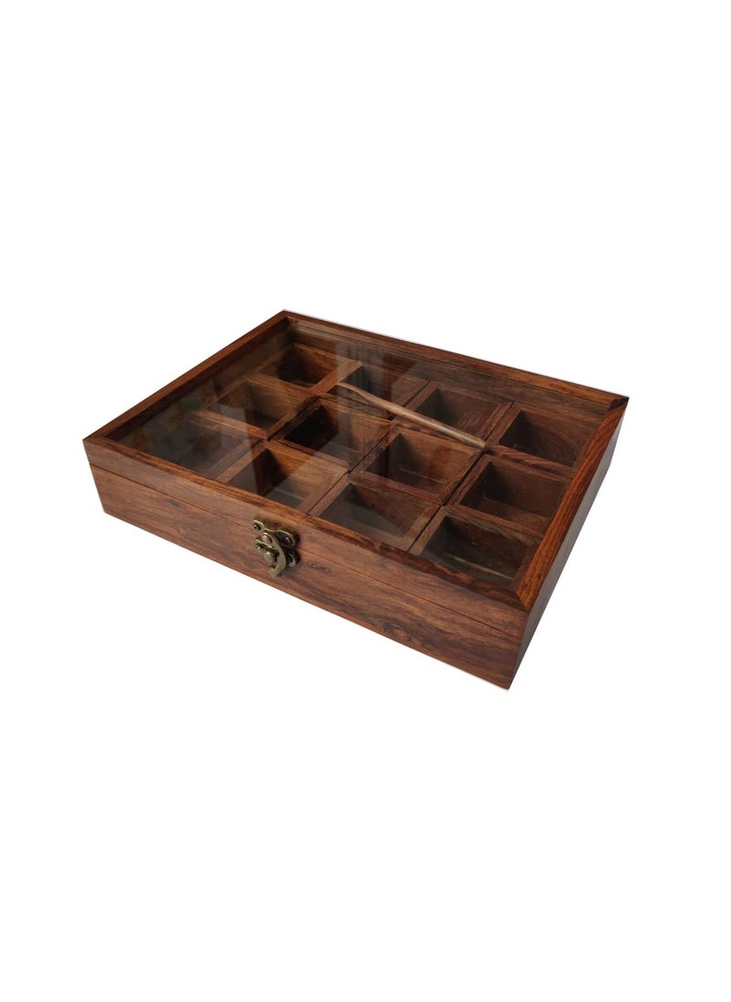 Homefrills Rectangle Spice Box with Spoon in Sheesham Wood MultiUtility StorageMasala DabbaSpice RackMasala boxMasala Spice Jars Container for Kitchen 12 Containers Removable Brown