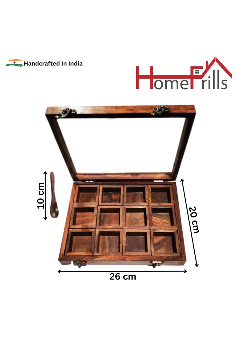 Homefrills Rectangle Spice Box with Spoon in Sheesham Wood MultiUtility StorageMasala DabbaSpice RackMasala boxMasala Spice Jars Container for Kitchen 12 Containers Removable Brown