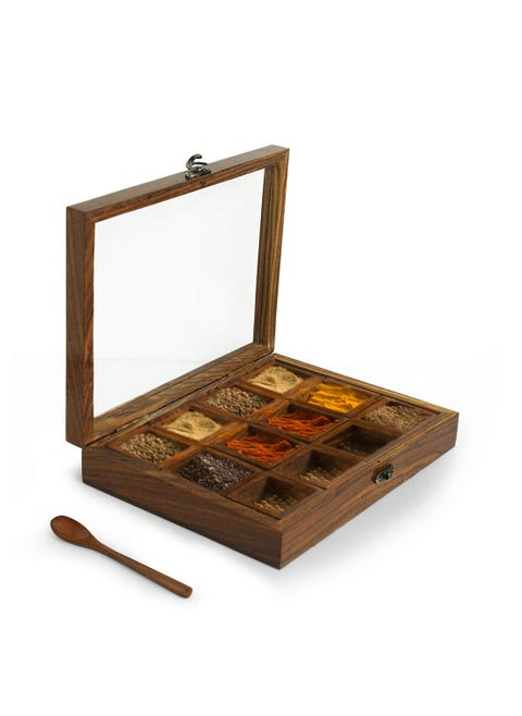 Homefrills Rectangle Spice Box with Spoon in Sheesham Wood MultiUtility StorageMasala DabbaSpice RackMasala boxMasala Spice Jars Container for Kitchen 12 Containers Removable Brown