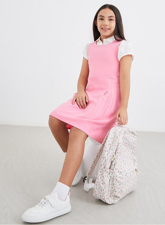 Styli Girls School Uniform Pink Fold Pleat Detail Pinafore Dress - Image 2
