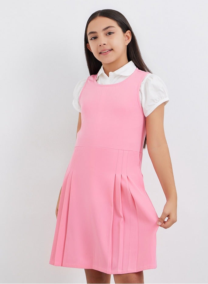 Styli Girls School Uniform Pink Fold Pleat Detail Pinafore Dress - Image 1