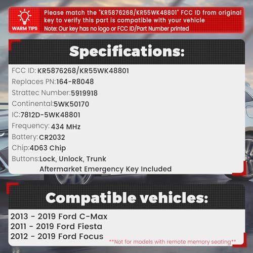 Beefunny Replacement Flip Remote Keyless Entry Key Fob for Ford Focus 2012-2019 C-Max 2013-2019 Fiesta 2011-2019 FCC ID:KR55WK48801 PN:164-R8048 3Buttons 434MHz 4D63Chip (with chip) - Image 2