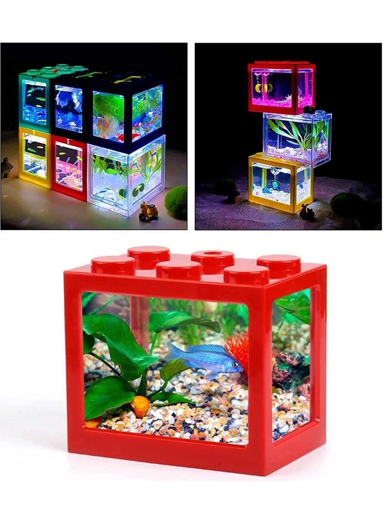 Mini USB Creative Building Block Fish Tank Aquarium Tank Kit with LED Lighting for Turtle Reptile Shrimp Moss Crab Insects Red 16X10.5X14Cm - Image 1
