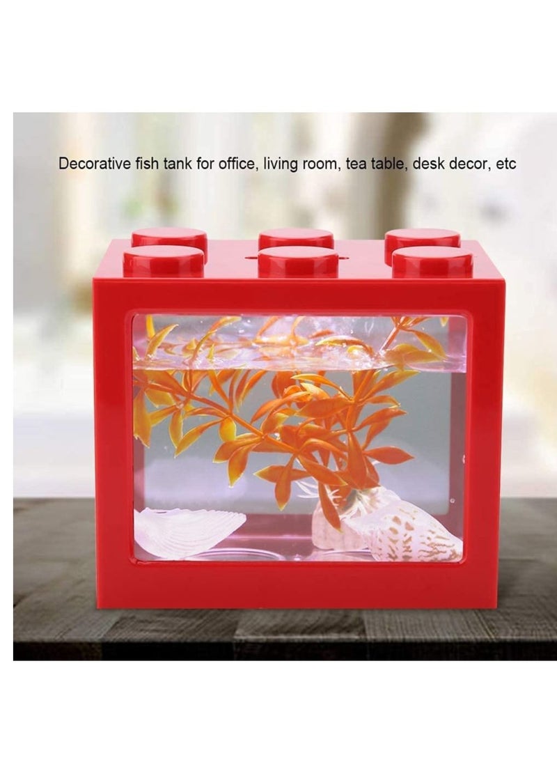 Mini USB Creative Building Block Fish Tank Aquarium Tank Kit with LED Lighting for Turtle Reptile Shrimp Moss Crab Insects Red 16X10.5X14Cm - Image 3