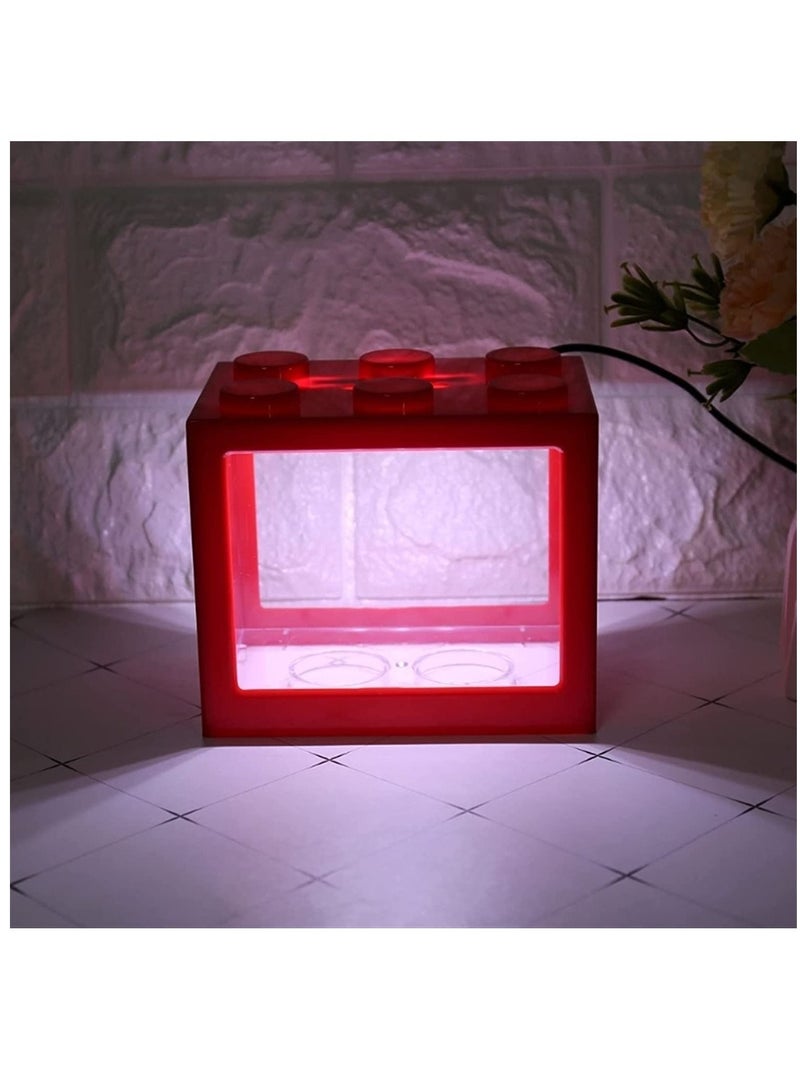 Mini USB Creative Building Block Fish Tank Aquarium Tank Kit with LED Lighting for Turtle Reptile Shrimp Moss Crab Insects Red 16X10.5X14Cm - Image 4