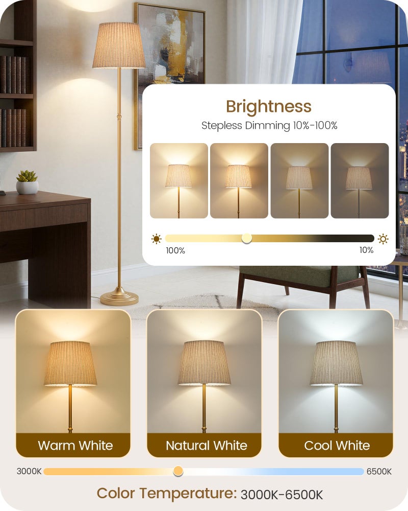GOEBLESON Dimmable Floor Lamp for Living Room, 68" Tall Standing Lamp, Reading Light with Remote & Foot Pedal, 10W LED Bulb (3000K-6500K) Included, FCC Listed, Reinforced Base, Gold and Beige DE12LD05 - Image 2