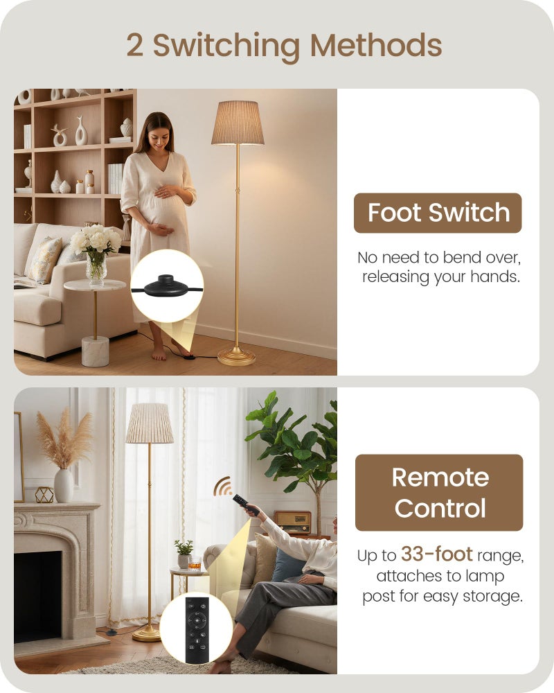 GOEBLESON Dimmable Floor Lamp for Living Room, 68" Tall Standing Lamp, Reading Light with Remote & Foot Pedal, 10W LED Bulb (3000K-6500K) Included, FCC Listed, Reinforced Base, Gold and Beige DE12LD05 - Image 5