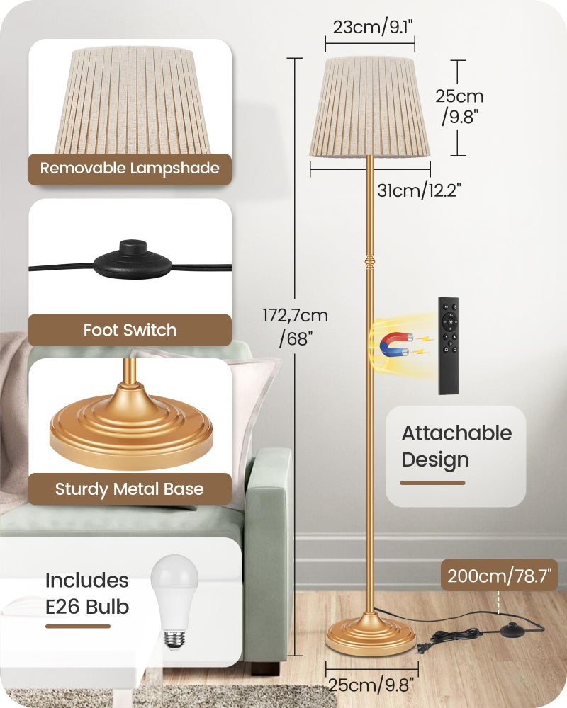 GOEBLESON Dimmable Floor Lamp for Living Room, 68" Tall Standing Lamp, Reading Light with Remote & Foot Pedal, 10W LED Bulb (3000K-6500K) Included, FCC Listed, Reinforced Base, Gold and Beige DE12LD05 - Image 3