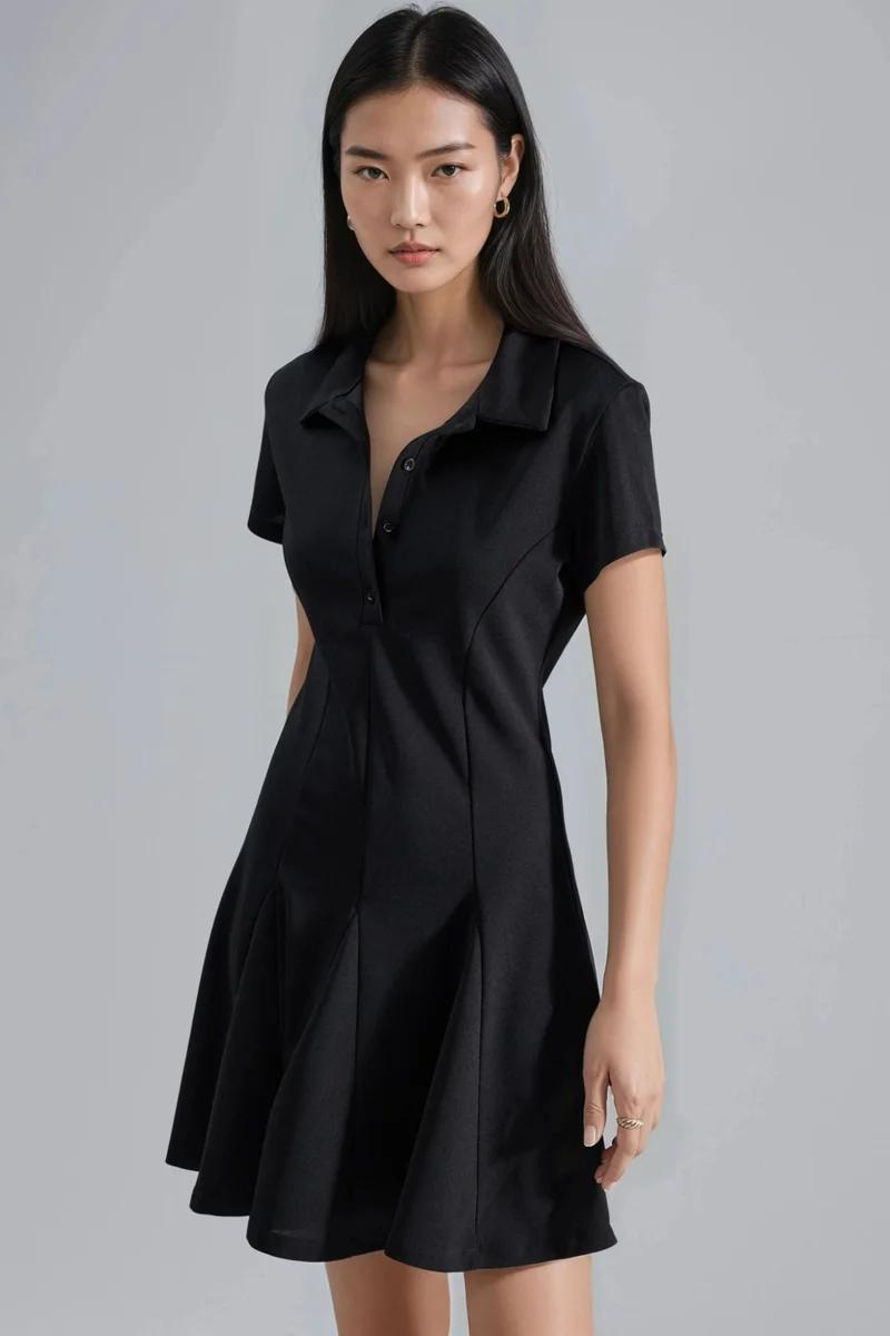 Busem Crepe Mini Dress with Button Closure and Polo Collar