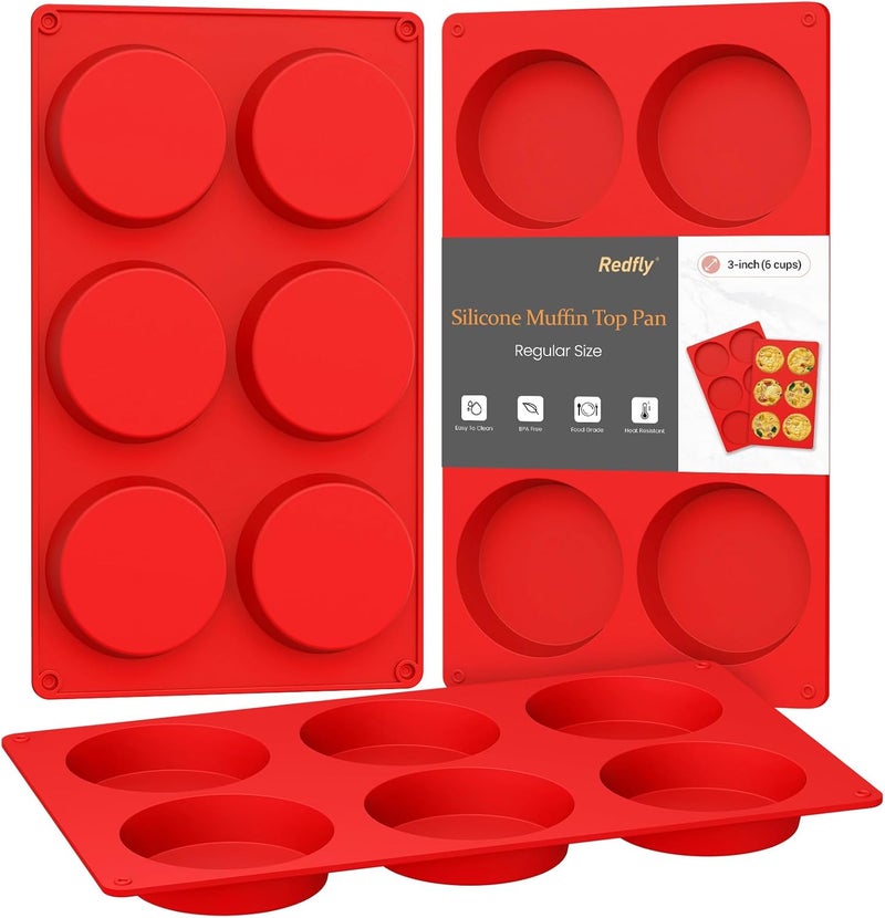 Redfly Silicone Egg Molds for Breakfast Sandwiches 3 Pcs, Non Stick 3 Inch Egg Bites Baking Pans, Silicone Muffin Pans for Baking, Round Muffin Top Pan for Whoopie Pie Pan, Tarts, Quiche - Image 1