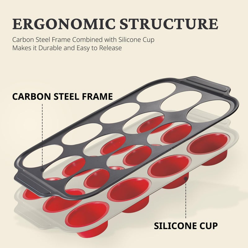 BRONYPRO Silicone Muffin Pans for Baking with Metal Frame, Egg Bite Molds, Cupcake Pans 12 Regular Size, Muffin Tins Easy to Pop Nonstick Non Toxic Bakeware for Oven, Red - Image 2