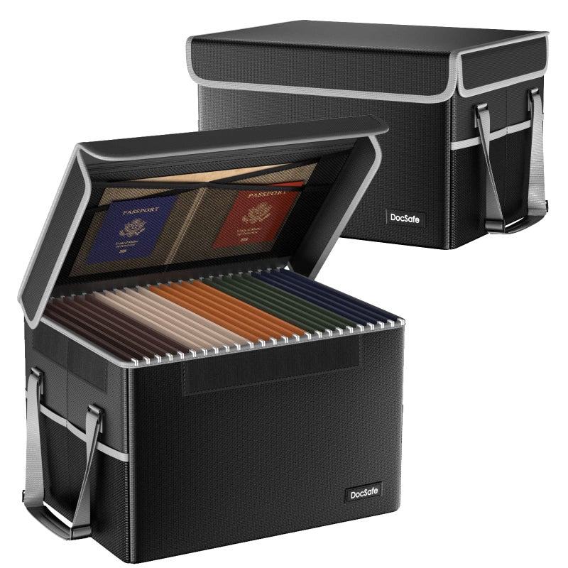 DocSafe File Box Fireproof File Storage Organizer with LidCollapsible Document Storage Filing Case for Hanging LetterLegal FoldersPortable Home Office Safe Cabinet with HandleBlack2 Pack