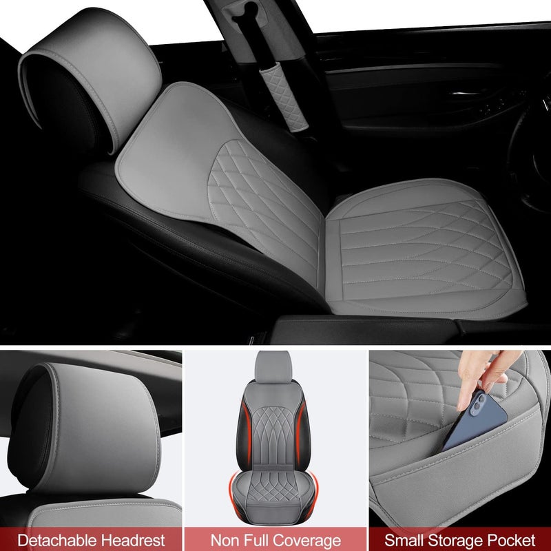 BEITK غطاء مقعد أمامي من الجلد، عبوة من قطعتين، واقيات مقاعد عالمية بدون جوانب مع جيب تخزين ووسائد حزام الأمان، غطاء مقعد سيارة مقاوم للماء ووسائد مقعد سيارة للسيارات والشاحنات وسيارات الدفع الرباعي (رمادي) - Image 4