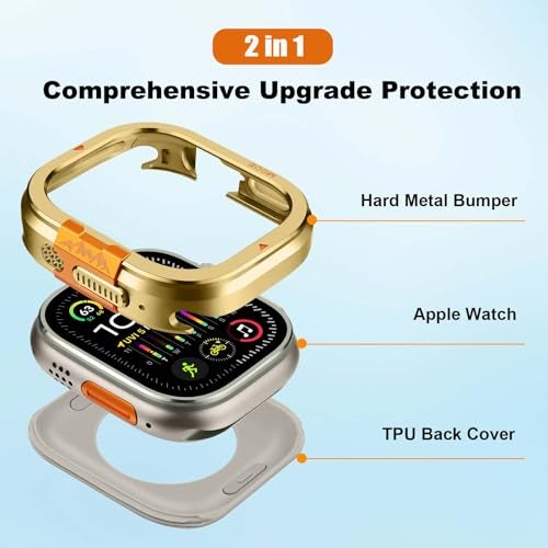 Suphart 2 in-1 Metal Cover Compatible with Apple Watch Ultra 3/2/1 Case 49mm, Rugged Bumper with Back Protector for iWatch Ultra 49mm, Gold - Image 2