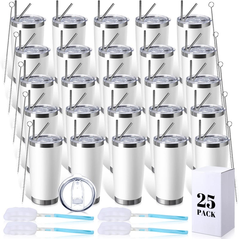 Sieral Sieral 25 Pieces 20oz Tumbler Bulk Stainless Steel Cups Double Wall Vacuum Insulated Travel Mug Bulk Stainless Steel Tumblers Lid and Straw Powder Coated Coffee Cups for Cold and Hot Drinks White 