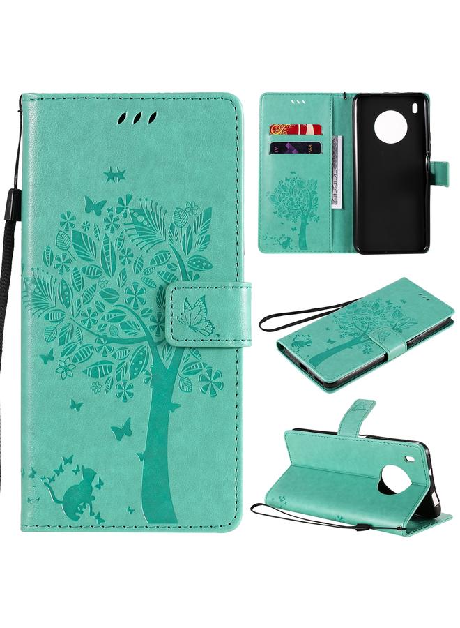 S-TOP Case For Huawei Y9a Tree & Cat Pattern Pressed Printing Horizontal Flip PU Leather Case with Holder & Card Slots & Wallet & Lanyard - Image 1