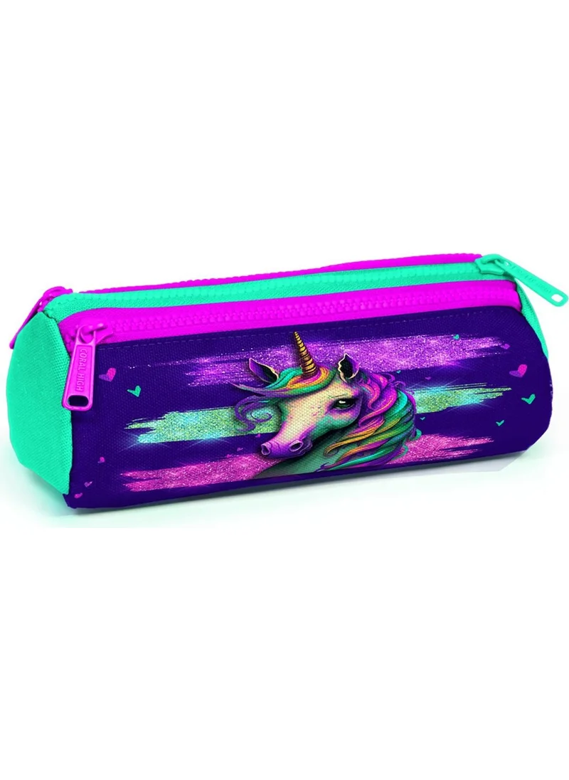 CORAL HIGH Kids Pink Water Green Unicorn Patterned Three Compartment Pencil Bag 22058