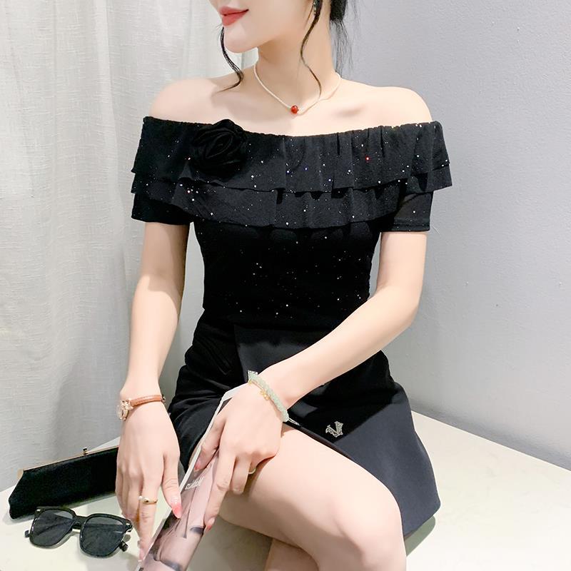 Summer Mesh Stretch Slim Fit Lotus Leaf Lace Three-Dimensional Flower Short Sleeve Top Off Collar T-Shirt - Image 1