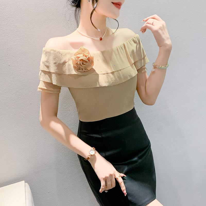 Summer Mesh Stretch Slim Fit Lotus Leaf Lace Three-Dimensional Flower Short Sleeve Top Off Collar T-Shirt - Image 4