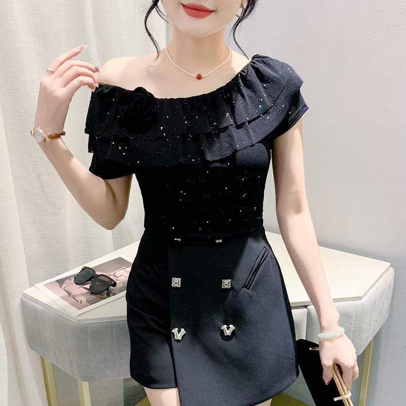 Summer Mesh Stretch Slim Fit Lotus Leaf Lace Three-Dimensional Flower Short Sleeve Top Off Collar T-Shirt - Image 3