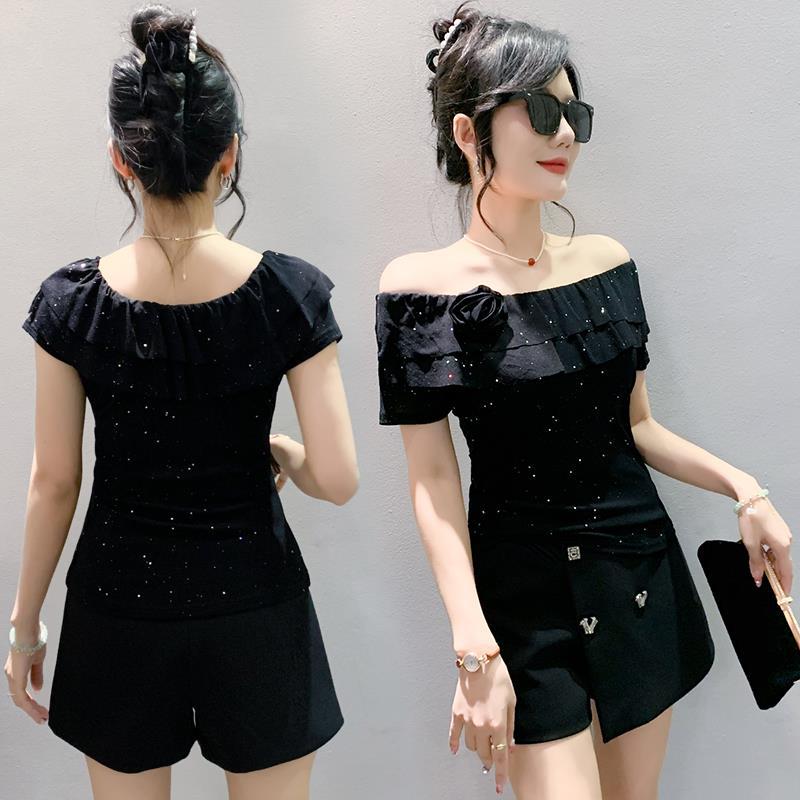 Summer Mesh Stretch Slim Fit Lotus Leaf Lace Three-Dimensional Flower Short Sleeve Top Off Collar T-Shirt - Image 5