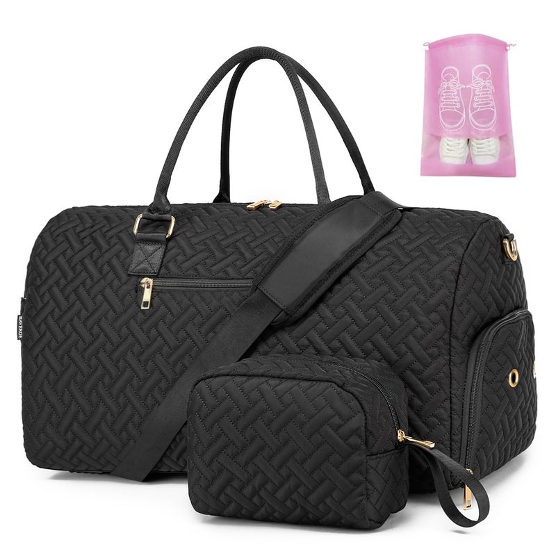 BAVERGE Weekender Duffle Bag for Travel with Shoe Compartment, Carry On Overnight Bag for Women with Toiletry Bag, Gym Bag with Wet Pocket, Hospital Bags for Labor and Delivery Black - Image 1
