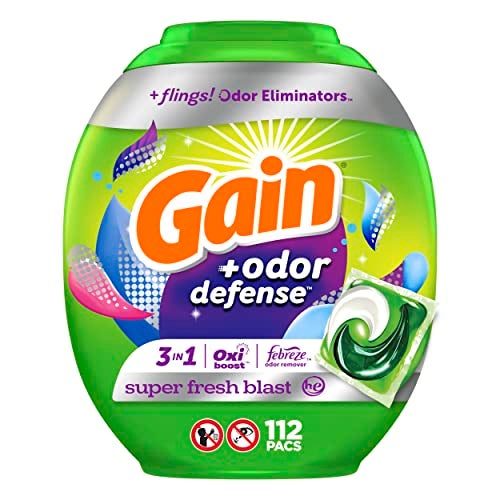 Gain Flings Laundry Detergent Pacs, 112 Count, Super Fresh Blast Scent, with Odor Defense, HE Compatible, with Febreze and Oxi - Image 1