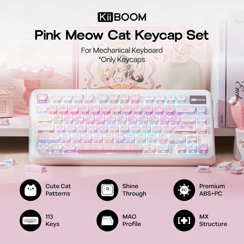 KiiBoom Cute Cat Keycaps Set, Mao Profile, PBT/PC Keycap for MX Switches Mechanical Keyboard, Compatible with 60%, 65%, 75%, TKL, 96%, Full-Sized Layout (Pink Meow) - Image 2