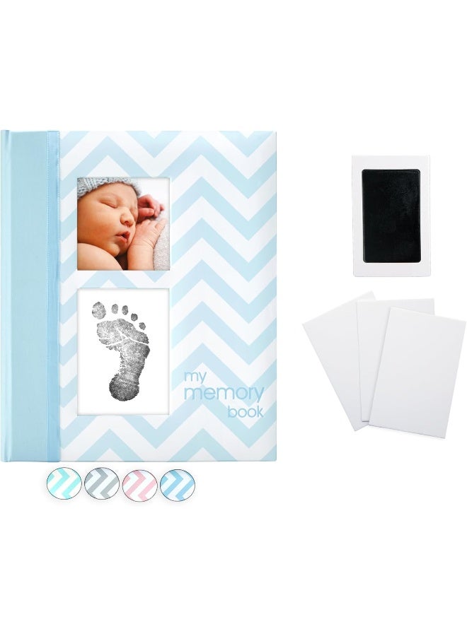 بيرل هيك Pearhead First 5 Years Chevron Baby Memory Book with Clean-Touch Baby Safe Ink Pad to Make Baby's Handprint or Footprint Included, Newborn Milestone and Pregnancy Journal, Blue - Image 1