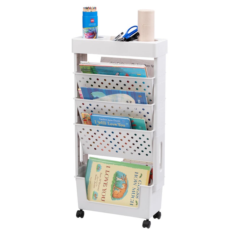 DOEWORKS Mobile Bookshelf with Wheels Bookshelf Trolley Small Book Storage Trolley Cart 5Tier Rolling Bookcase Movable Bookshelf trolley Slim Bookcase for Living Room Bedroom Office Library White