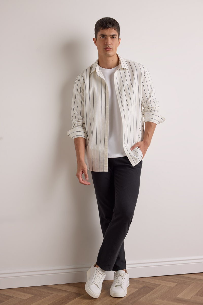 DeFacto White Man Regular Fit Polo Collar Cotton Long Sleeve Shirt Casual - Image 2