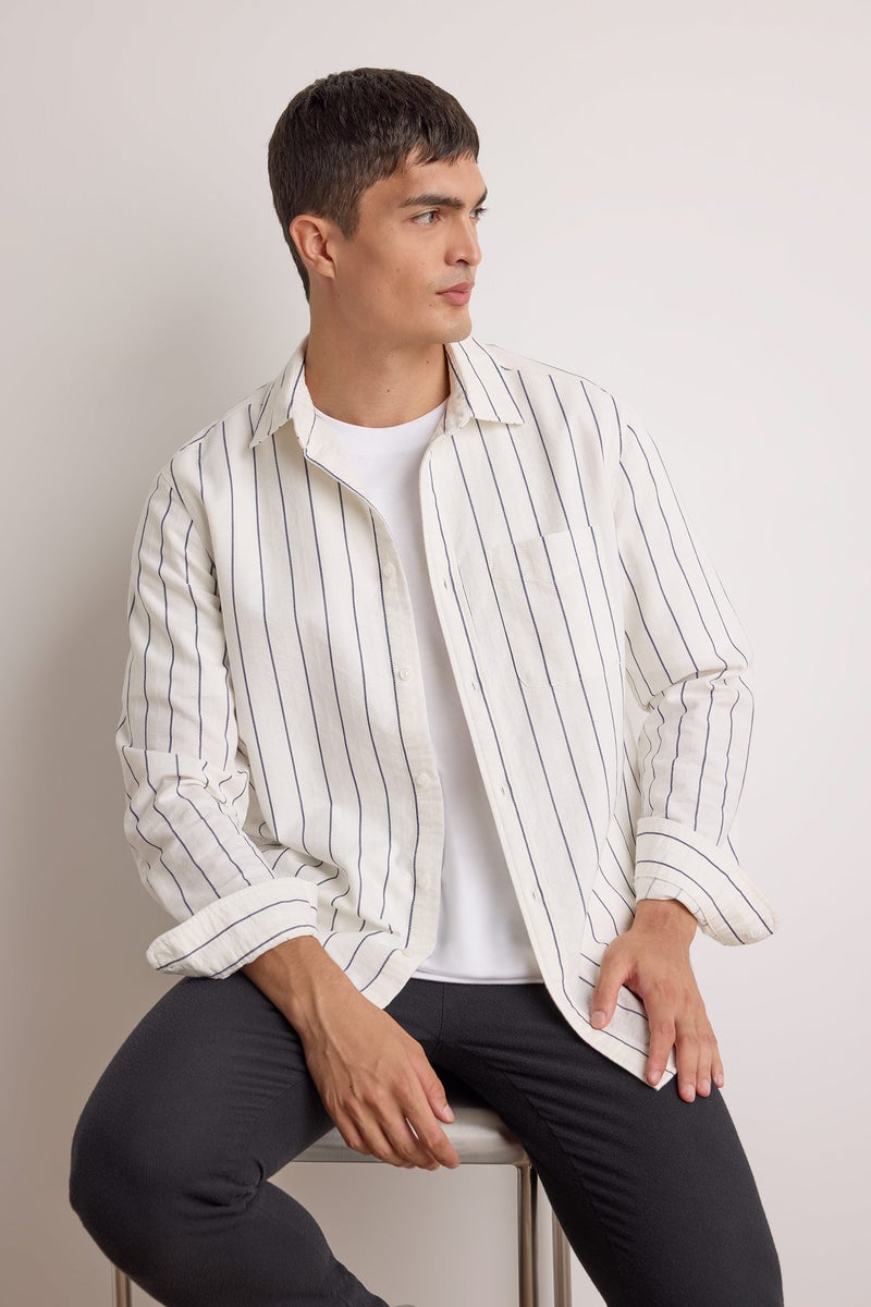DeFacto White Man Regular Fit Polo Collar Cotton Long Sleeve Shirt Casual - Image 1