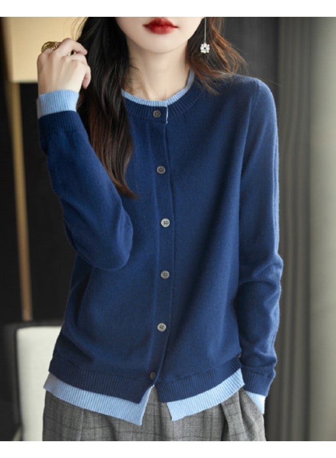 XINYANG Lightweight Women's Jacket, False Two-piece Knit Cardigan, 2025 Spring Color-block Sweater Coat, Round Neck Long-sleeve Top - Image 1