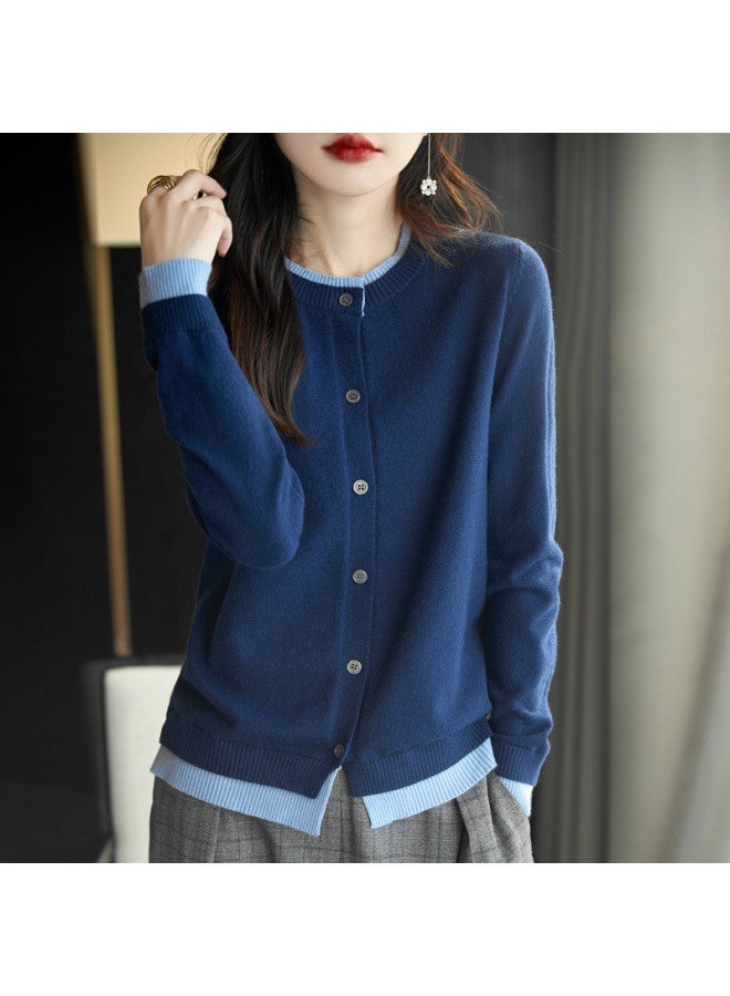 XINYANG Lightweight Women's Jacket, False Two-piece Knit Cardigan, 2025 Spring Color-block Sweater Coat, Round Neck Long-sleeve Top - Image 2