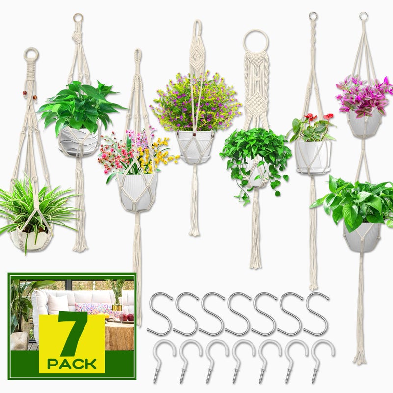 IGaiety Macrame Plant Hanger,7 Pack Plant Hanger Indoor Hanging Planters with 7Pcs Ceiling and S Hooks-Handmade Macromay Plant Hangers Outdoor Macrame Plant Holder for Boho Home Decor - Image 1