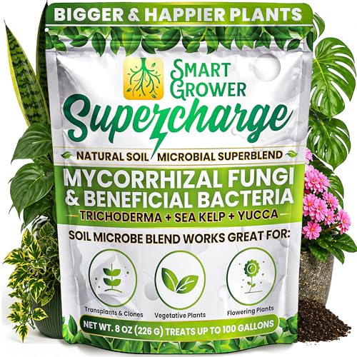 Smart Grower Mycorrhizal Fungi with Beneficial Bacteria, Trichoderma, Sea Kelp, Molasses, Yucca, Smart Grower Supercharge Plant Root Enhancer 8oz Super Concentrate Powder Makes 100 Gallons - Image 1