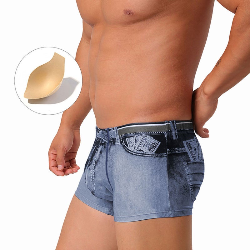 Uxh New Men''s Swimming Trunks Printed Denim Boxer Swimming Trunks with Cup-Shaped Briefs Beach Swimming Quick-Drying Shorts for Men - Image 1