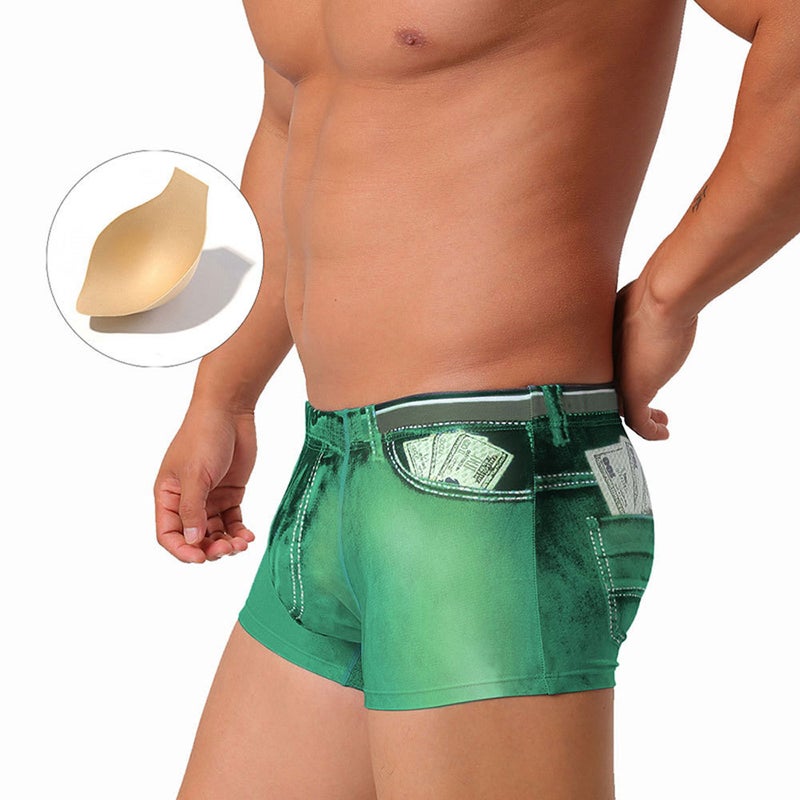 Uxh New Men''s Swimming Trunks Printed Denim Boxer Swimming Trunks with Cup-Shaped Briefs Beach Swimming Quick-Drying Shorts for Men - Image 4
