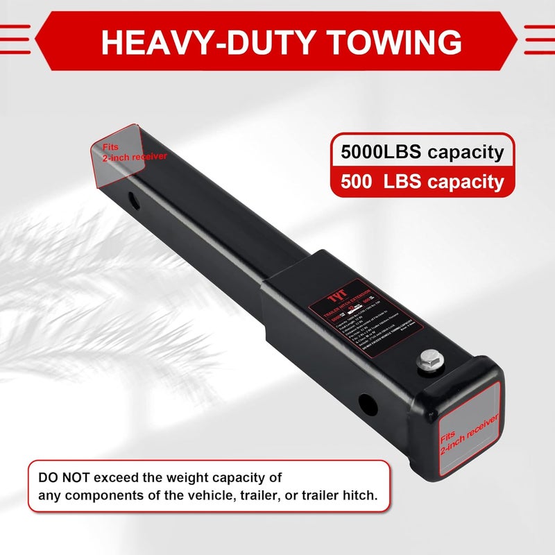 TYT 12" Trailer Hitch Extension for 2" Receiver Tube Extender, Tube Extension Receiver with 2 Sets of 5/8" Premium Hitch Pin Lock, 5000 lbs GTW / 500 lbs TW - Image 5