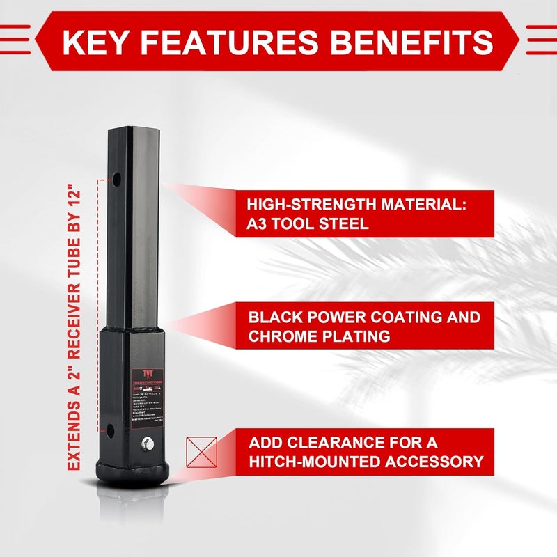 TYT 12" Trailer Hitch Extension for 2" Receiver Tube Extender, Tube Extension Receiver with 2 Sets of 5/8" Premium Hitch Pin Lock, 5000 lbs GTW / 500 lbs TW - Image 3