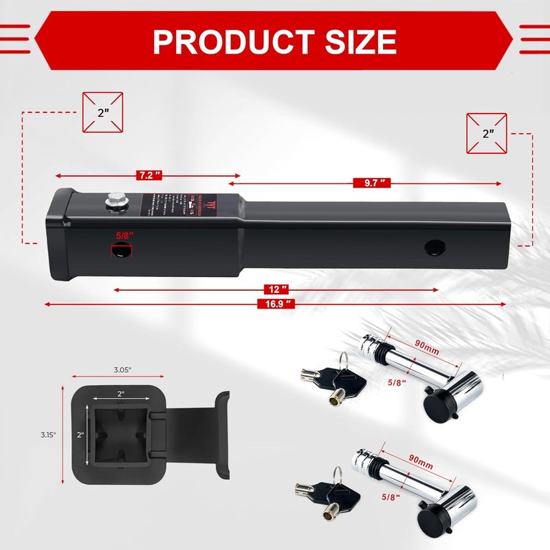 TYT 12" Trailer Hitch Extension for 2" Receiver Tube Extender, Tube Extension Receiver with 2 Sets of 5/8" Premium Hitch Pin Lock, 5000 lbs GTW / 500 lbs TW - Image 2