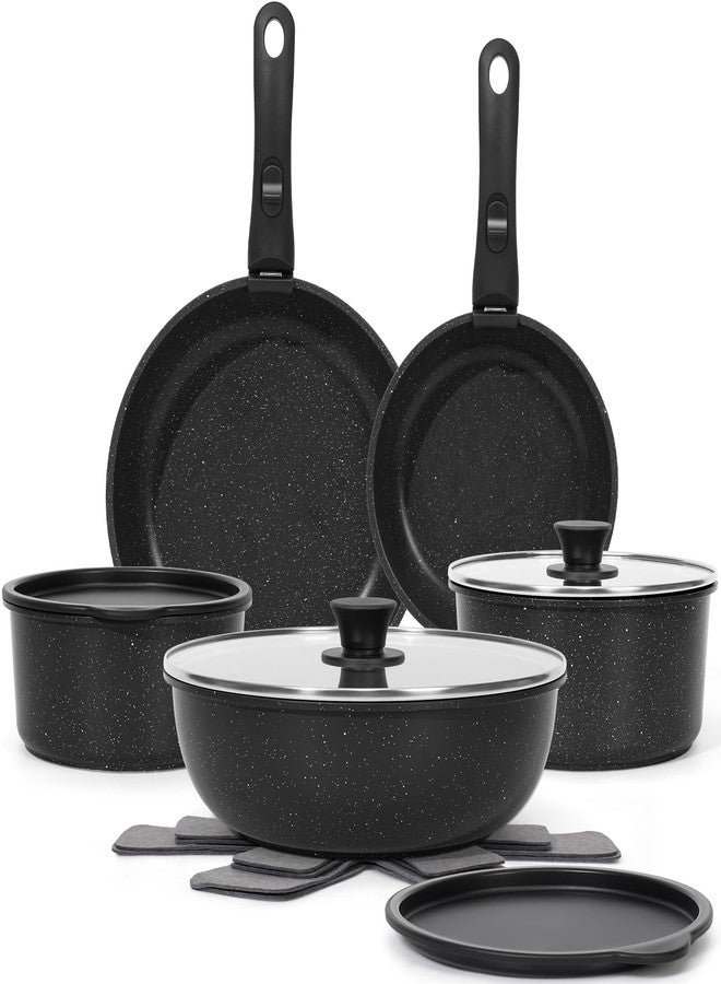 SODAY 15Pcs Pots and Pans Set Non Stick, Cookware Sets with Detachable Handle, Nonstick RV Kitchen Cooking Tools Removable Handles, Oven Safe, Induction Fast, Stackable Induction Cookware,Black - Image 1