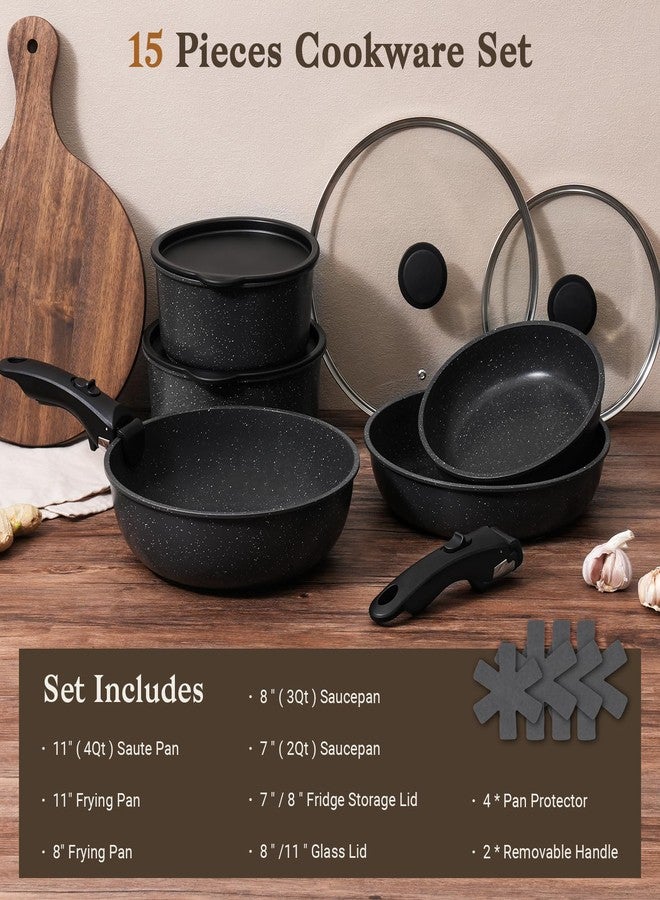 SODAY 15Pcs Pots and Pans Set Non Stick, Cookware Sets with Detachable Handle, Nonstick RV Kitchen Cooking Tools Removable Handles, Oven Safe, Induction Fast, Stackable Induction Cookware,Black - Image 2