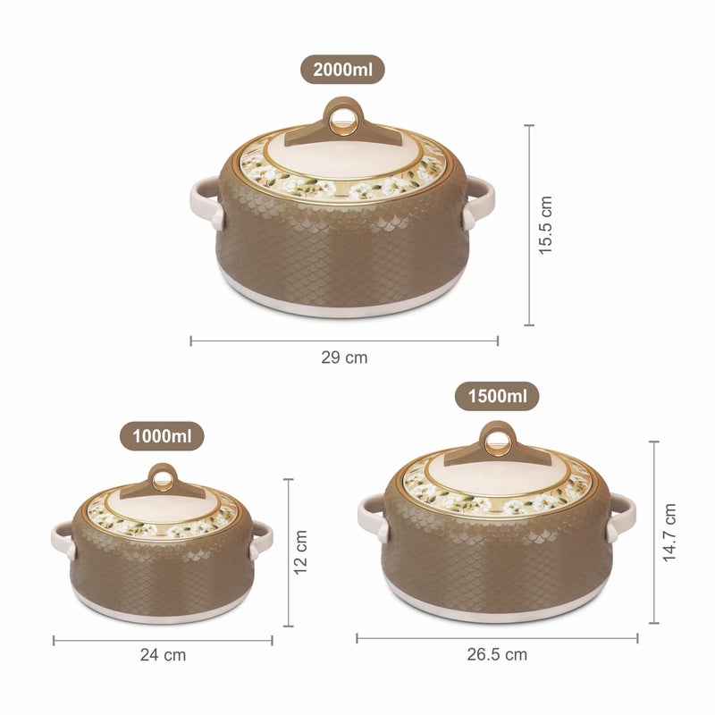 Nayasa Coral Insulated Inner Stainless Steel Casserole Set of 3 (1000ml, 1500ml, 2000ml) - Dark Brown - Image 3