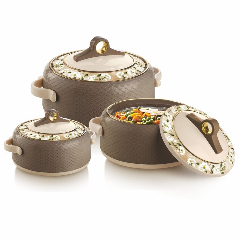 Nayasa Coral Insulated Inner Stainless Steel Casserole Set of 3 (1000ml, 1500ml, 2000ml) - Dark Brown - Image 1