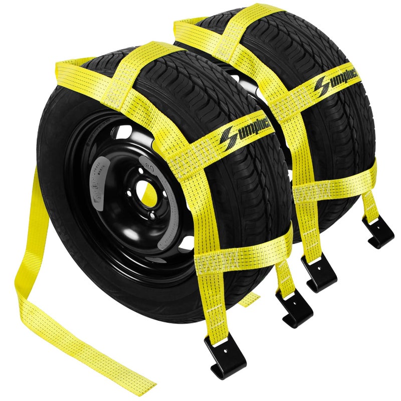 Sumpluct Tow Dolly Basket Straps with Flat Hooks Fits 14 15 16 Car Auto Hauler Wheel for A Car TrailerSUVUTVATV Transport Vehicle Tire Tie Down Strap Kit Heavy Duty Tire Bonnet Net Safe