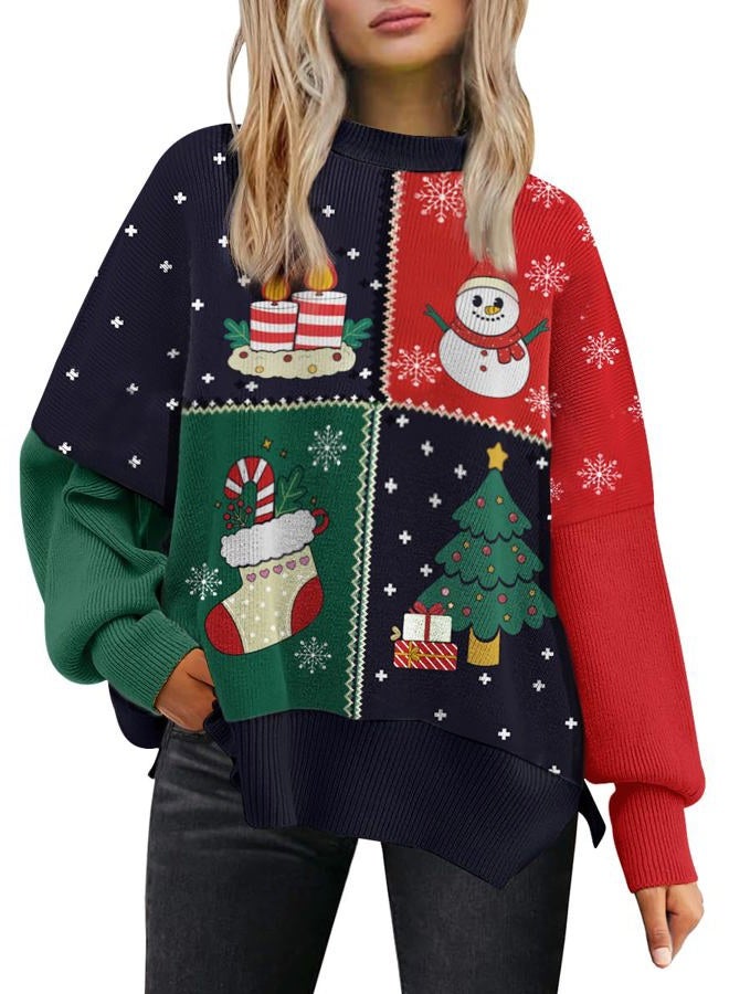 LILLUSORY Women's Oversized Batwing Sweaters 2025 Fall Outfits Trendy Crewneck Knit Side Slit Fashion Pullover Tops, Red Green, S - Image 1