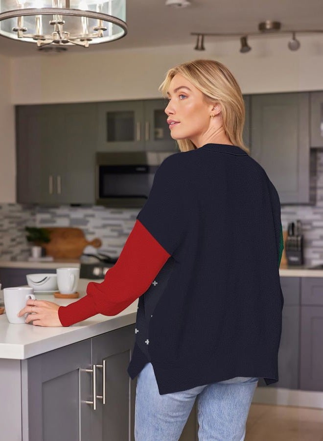 LILLUSORY Women's Oversized Batwing Sweaters 2025 Fall Outfits Trendy Crewneck Knit Side Slit Fashion Pullover Tops, Red Green, S - Image 2