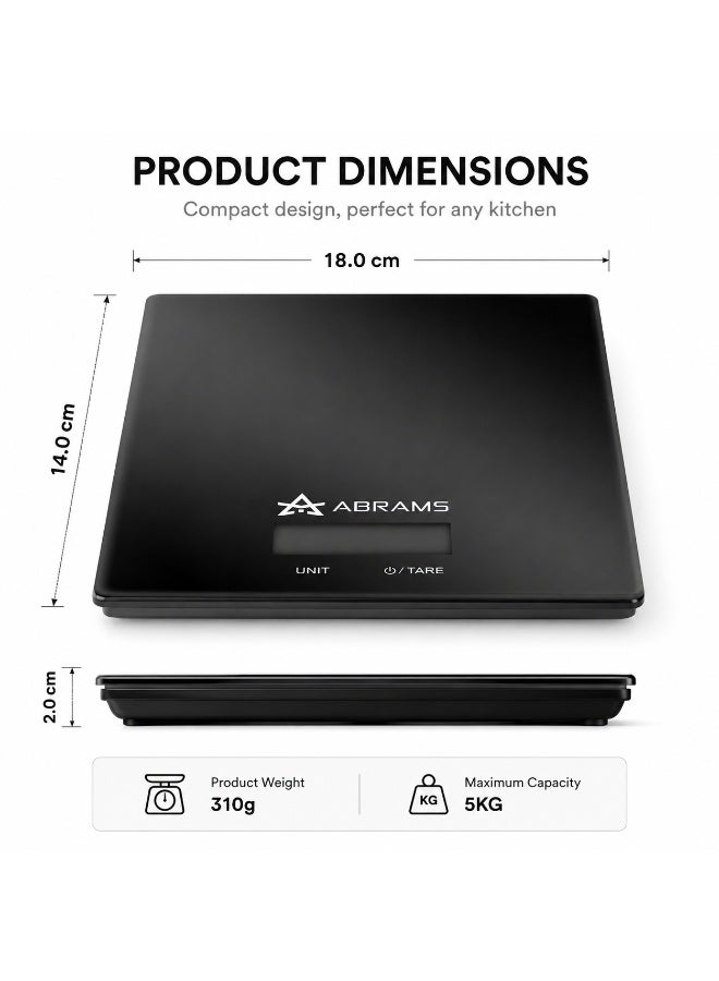 أبرامز ميزان مطبخ رقمي Abrams بدقة 1 جم حتى 5 كجم - شاشة LCD تعمل باللمس مع خاصية Tare ودعم وحدات قياس متعددة - أسود - Image 5